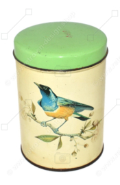 Vintage hohe runde Keksdose von De Gruyter mit einem blau-orangen Vogel und einem grünen Deckel