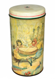 Zylindrische Vintage Keksdose von De SPAR mit märchenhaften Figuren