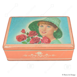 Medium-sized vintage toffee tin from Lonka with a nostalgic image of a woman with roses