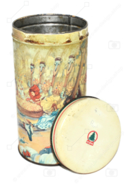 Cylindrical vintage biscuit tin made by De SPAR with fairy-tale characters