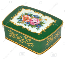 Vintage green tin with gold decorations and roses on the lid, container made in Germany