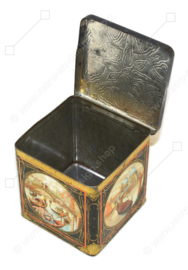 Square vintage cocoa tin in cube shape with images of Venice for C.J. VAN HOUTEN