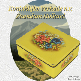 Nederlands Erfgoed: Vintage Blikken Trommel met Alpenbloemen van Verkade, 1958