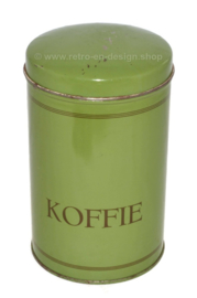 Lata de café verde reseda vintage con texto "Koffie"