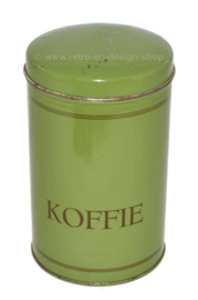 Vintage reseda groene blikken koffiebus met tekst "Koffie"