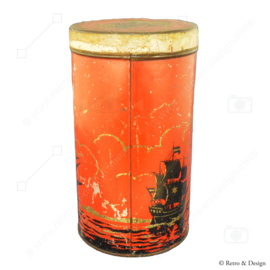 Red tall tin canister depicting sailing ships for VAN MELLE Fruit Drops