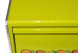 Vintage groene Brabantia broodtrommel met rood/oranje fruit design