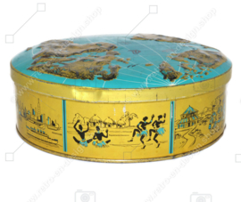 Vintage biscuit tin with a world map embossed on the lid