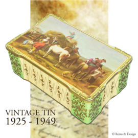 Rectangular tin with slightly scalloped sides with a haying scene and horses