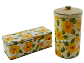 Vintage Lebkuchendose und Keksdose mit gelben Blüten und grünem Blatt