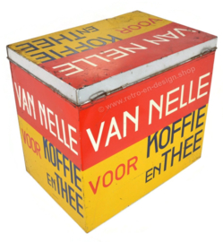 Large rectangular shop tin by Van Nelle for coffee and tea in yellow-red-black. Bekkers, Dordt