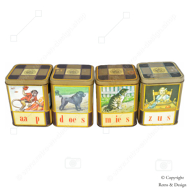 Nostalgische vintage set blikken en dienblad met afbeeldingen van het Iconische "Aap, Noot, Mies" Leesplankje!