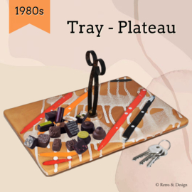 Earthenware / ceramic glazed tray with iron handle / post clamp