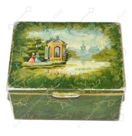 Vintage grüne Blechdose für Tee von Douwe Egberts, die zwei Damen in einem Teehaus darstellt
