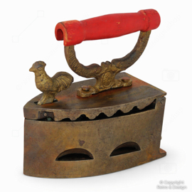 Vintage Charcoal Iron with Rooster Finial – Steel & Brass – Brocante Decor