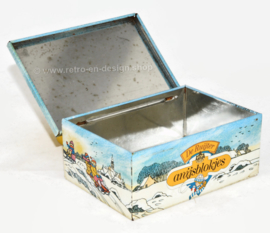 Caja rectangular de hojalata vintage con una escena de invierno para cubos de anís de De Ruijter