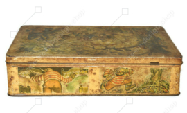 Vintage biscuit tin by Biscuit Parein with images of the fairy tale "Hop-on-My-Thumb and the seven league boots"