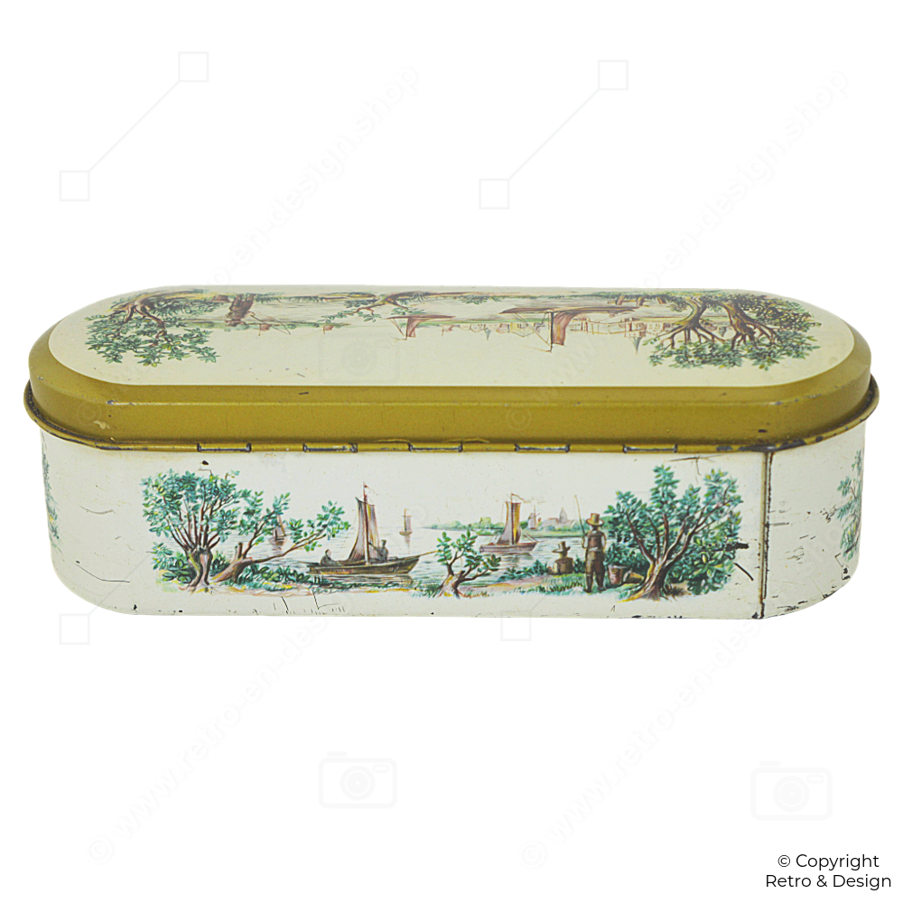 Boîte à Cuillères à Thé Vintage Douwe Egberts (1954) – Doublure Rouge & Motifs de Voiliers