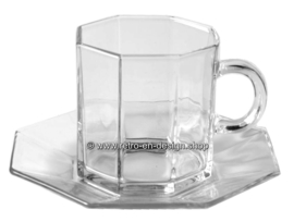 Glass tea or coffee cup with saucer by Arcoroc France, Luminarc Octime-Clear