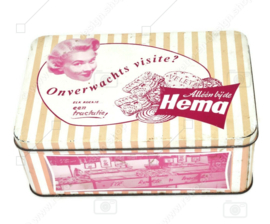 Boîte rétro rose pour biscuits réalisée pour les "Hema" avec photos de l'intérieur du magasin