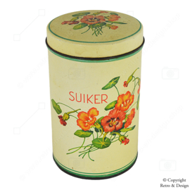 Vintage Cylindrical Tin Canister for Sugar with Floral Decoration