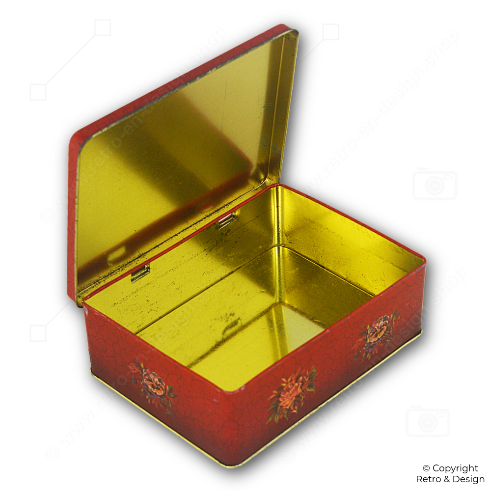 Lata vintage roja con motivo floral – Lata rectangular de almacenamiento con acabado craquelado