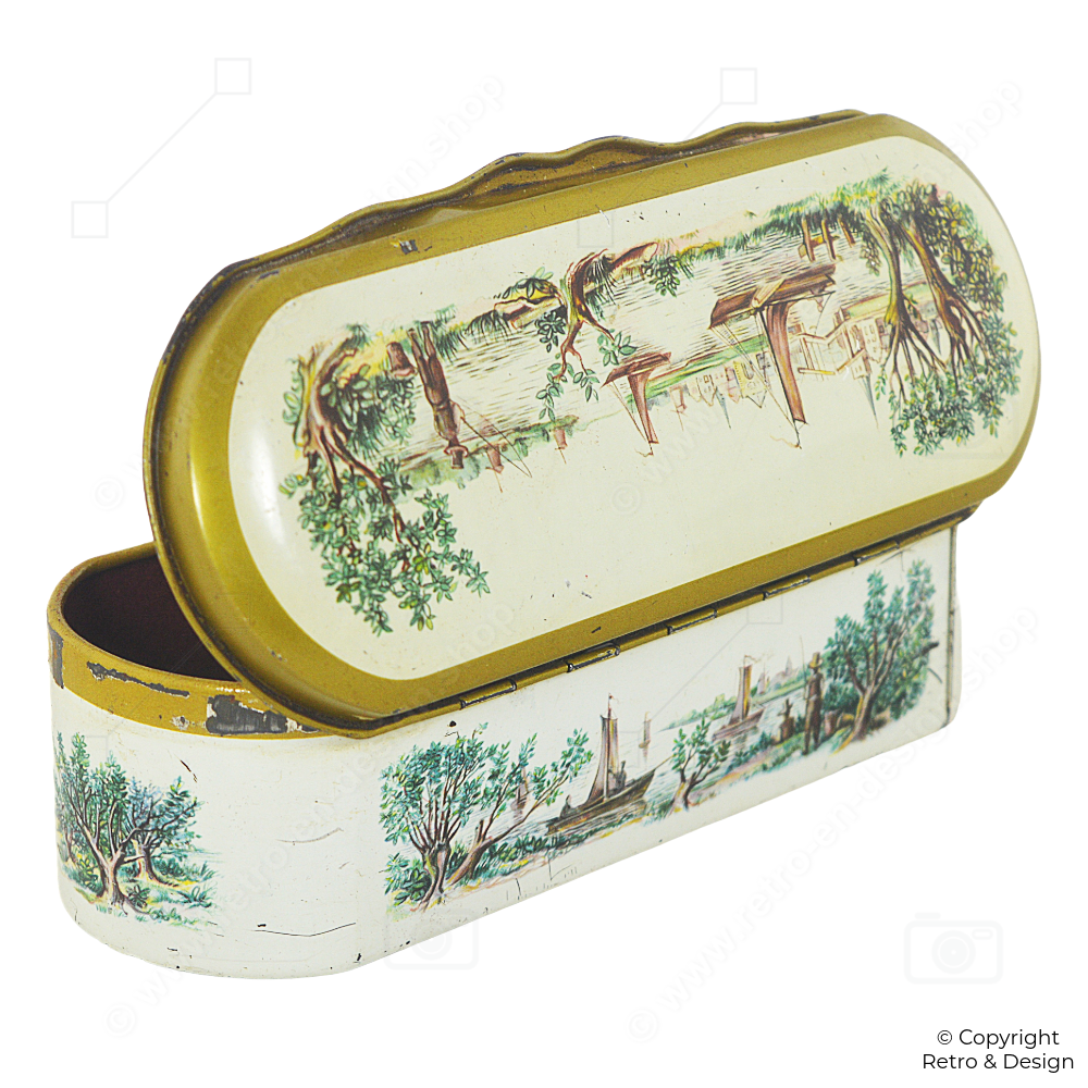 Boîte à Cuillères à Thé Vintage Douwe Egberts (1954) – Doublure Rouge & Motifs de Voiliers