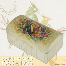 Boîte vintage Douwe Egberts avec couvercle à charnière arrondi et image d'oiseaux et de fleurs