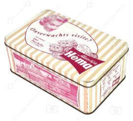 Boîte rétro rose pour biscuits réalisée pour les "Hema" avec photos de l'intérieur du magasin