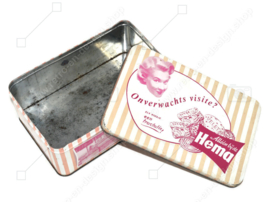 Pink retro tin for cookies made for the "Hema" with photos of shop interior