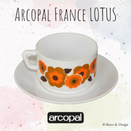 Arcopal Lotus soup bowl in orange/brown floral pattern + saucer