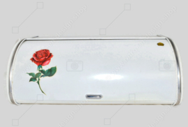 Bandeja de pan Brabantia vintage de los años 60 con tapa corrediza en blanco decorada con una rosa roja