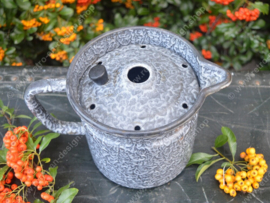 Gray clouded, enamelled milk boiler with spout. Loose lid with holes