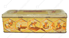 Vintage rechteckige Blechdose mit Bienen. Reiner Honigkuchen, Zuivere honingkoek Slingerkoek