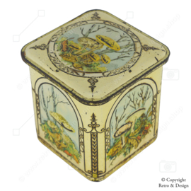 Vintage cubic tin with autumn-themed mushrooms