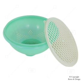 Passoire vintage Tupperware en vert jade avec grille blanche transparente