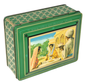 Green rectangular tin, "Assam tea", Indian tea drinking ladies on the lid.