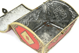 Large vintage red tin box with gold coloured details