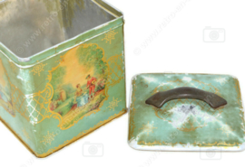 Vintage Teedose in Würfelform mit Griff und romantischen Szenen