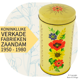 Lata Vintage Cilíndrica Amarilla de Rusk de Verkade con Flores Coloridas: Un Coleccionable Histórico (1950-1980)