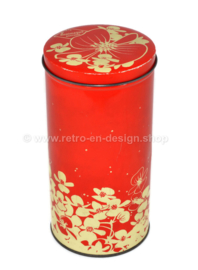 Lata de galleta o bizcocho Hooimeijer vintage en rojo decorado con flores blancas