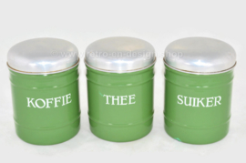 Set van drie brocante geëmailleerde voorraadbussen voor Koffie, Suiker en Thee in reseda groen