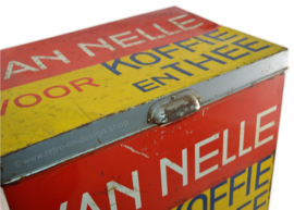Large rectangular Van Nelle storage tin for coffee and tea in yellow-red-blue
