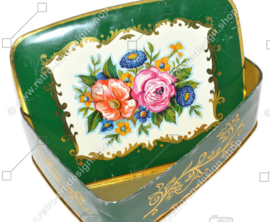 Vintage green tin with gold decorations and roses on the lid, container made in Germany