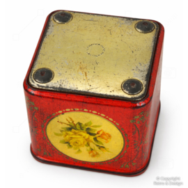 Lata Vintage Cúbica Roja con Motivos de Aves y Flores – Caja Decorativa Metálica – Holanda (1950–1970)