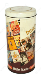 Cylindrical vintage Verkade rusk or biscuit tin with front pages of the Libelle magazine, anniversary edition