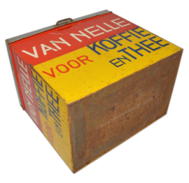 Large rectangular Van Nelle storage tin for coffee and tea in yellow-red-blue