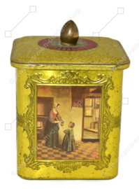 Square vintage tin with knob with paintings of Dutch masters