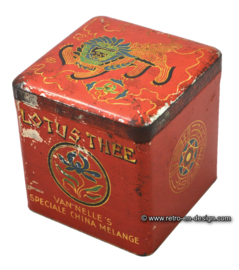 Vintage cube shaped tin with oriental motifs for VAN NELLE LOTUS THEE