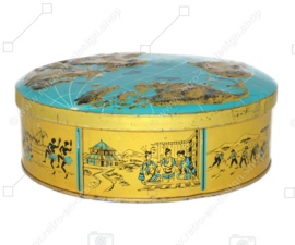 Vintage biscuit tin with a world map embossed on the lid